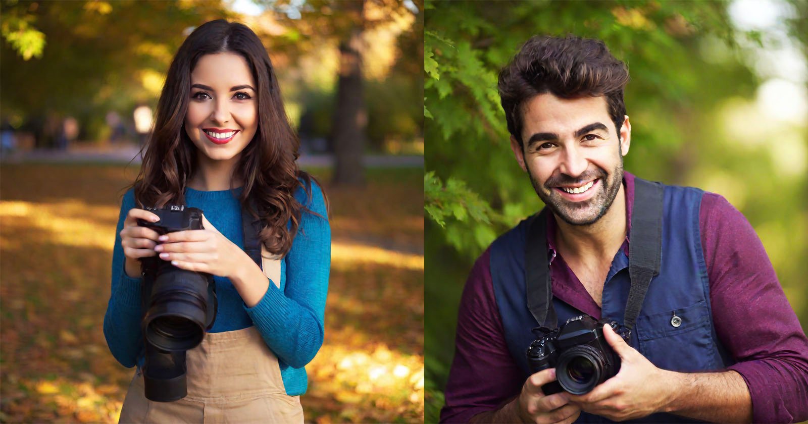 Two photographers in a park during autumn, smiling and holding cameras. the woman on the left has long hair and holds a large camera, and the man on the right, with stubble, holds a smaller camera.