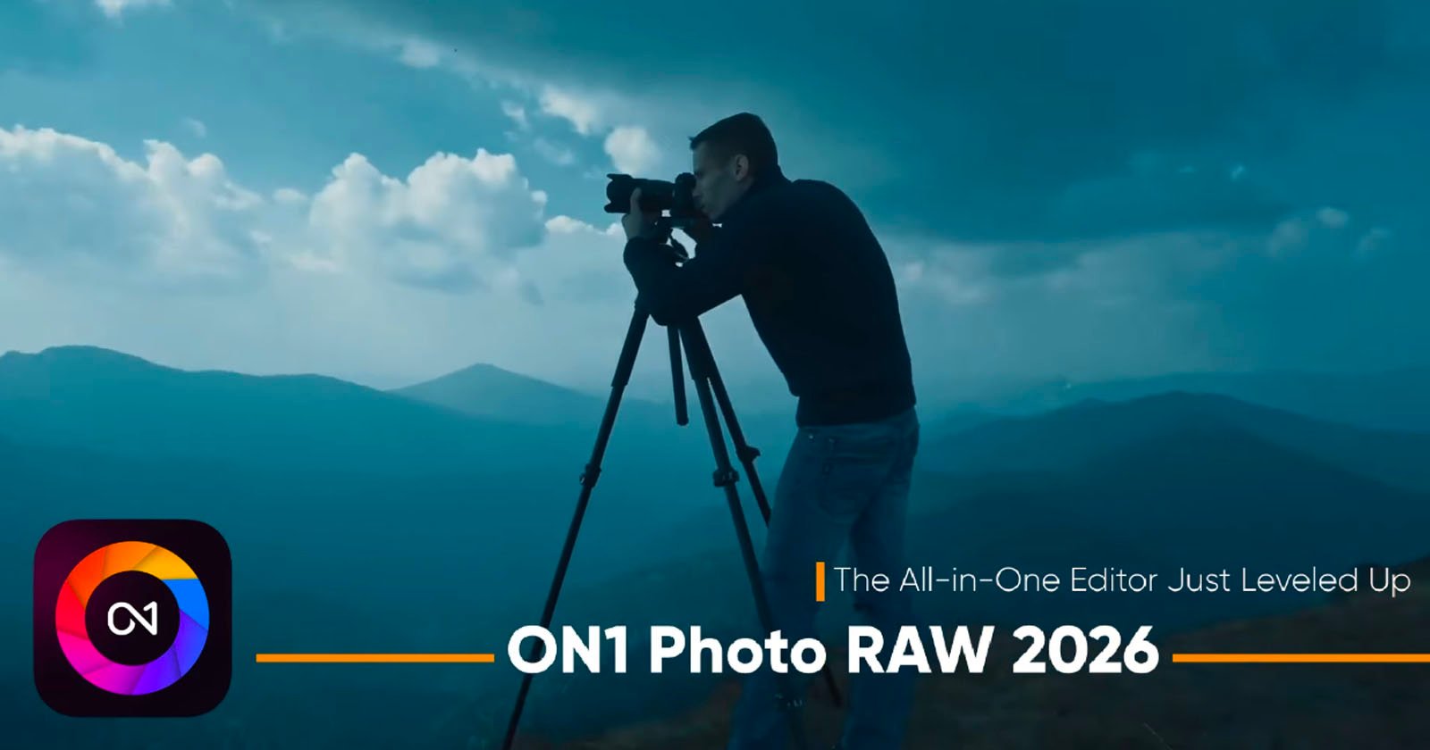 A person uses a camera on a tripod to take photos in a mountainous landscape at dusk. The text reads, The All-in-One Editor Just Leveled Up. ON1 Photo RAW 2026. The ON1 Photo RAW logo is visible.
