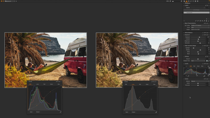 A screenshot of using Curves to edit a photo in Capture One 22