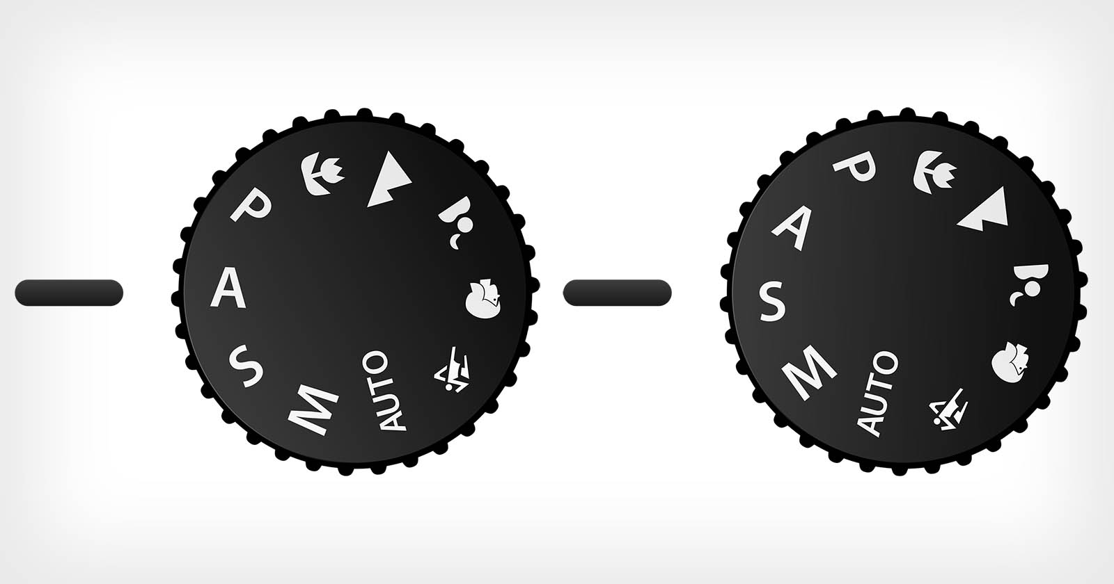 Image of two black camera mode dials. Each dial includes settings like P, A, S, M, and AUTO, along with icons for portrait, landscape, macro, and sports modes. The dials are against a light gray background.