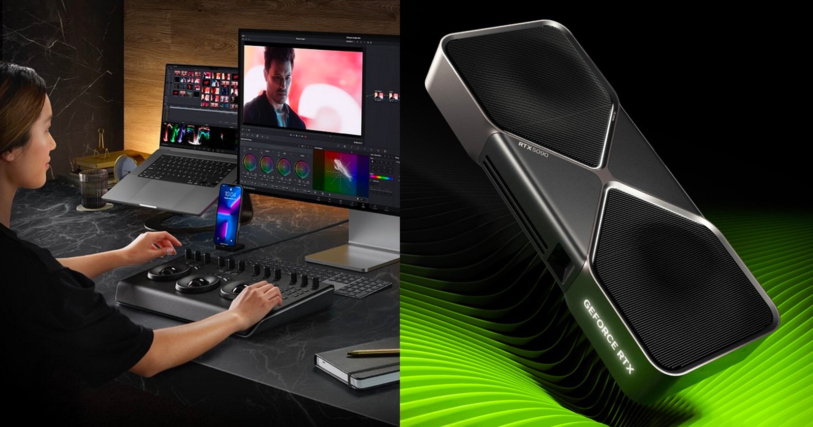 A person working on video editing software with a control panel and multiple screens on a desk. On the right, a close-up of a geometric graphics card on a green and black wavy background.