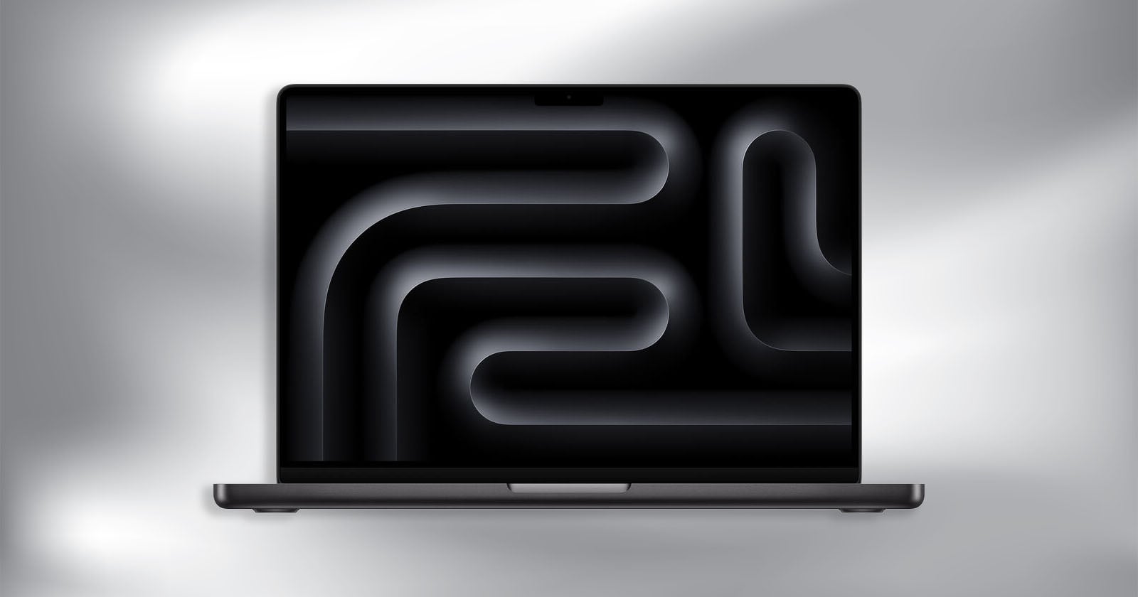 A laptop with a dark abstract pattern displayed on its screen, featuring curved and tubular shapes. The background is a soft gradient of gray and white tones.