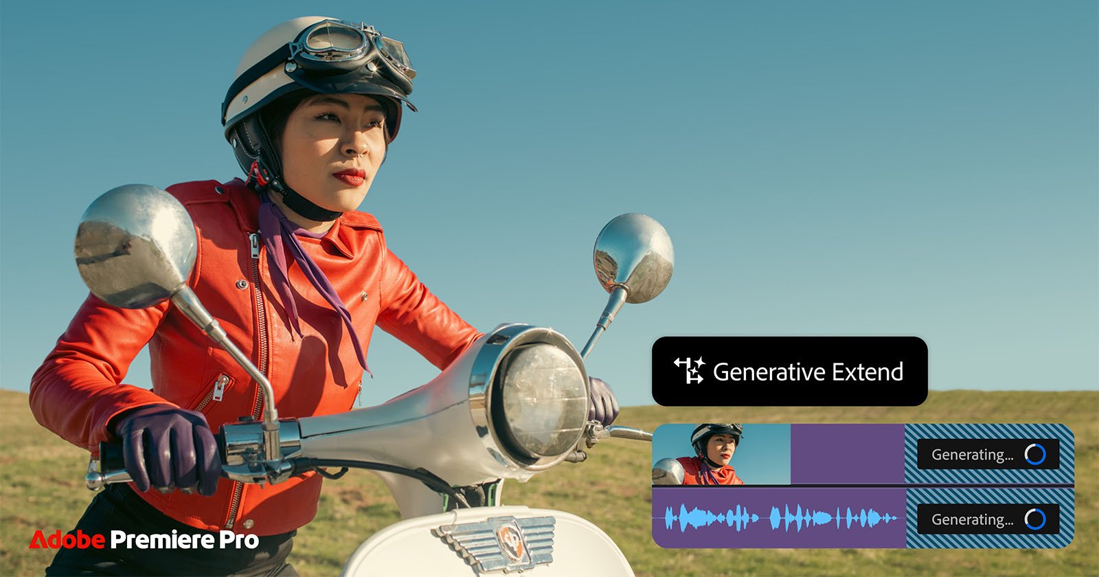 A person in a red jacket and helmet rides a scooter in an open field. The Adobe Premiere Pro logo is visible, and a graphic features the words Generative Extend with a visual of audio and editing tools.