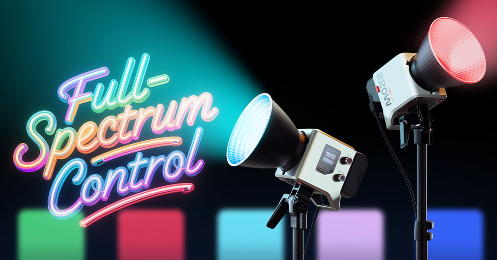 Two studio lights on tripods, one shining blue and the other red, with neon-style text reading Full-Spectrum Control and colorful gradient bars in the background.