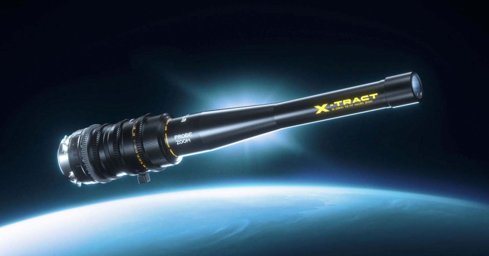 A black camera lens labeled X-TRACT and PROBE ZOOM floats in space above a blue planet, illuminated by a bright light. The lens has multiple adjustment rings and a sleek, elongated design.