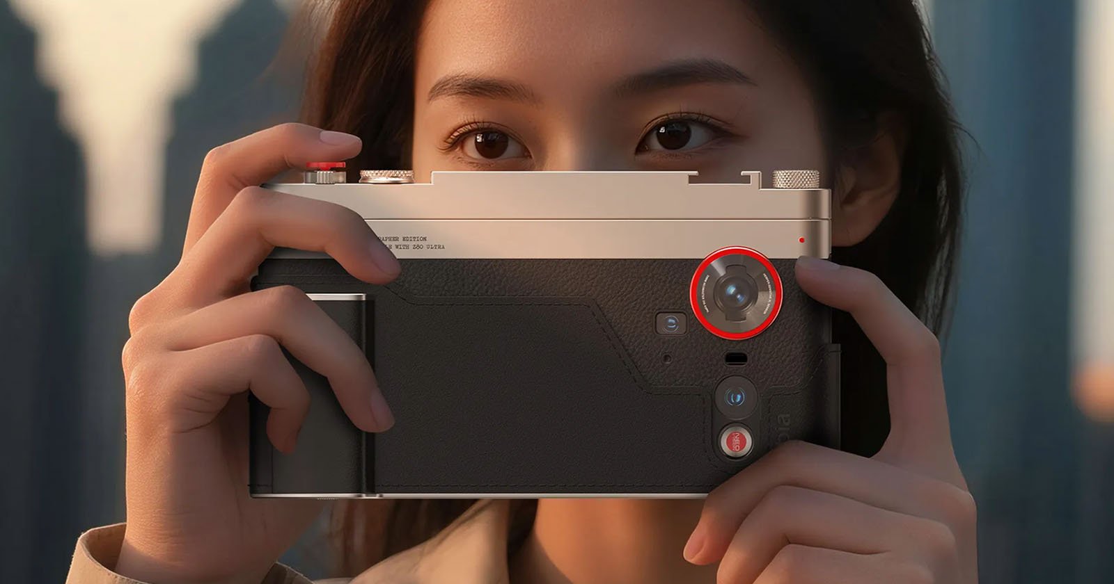 A person holds a vintage-style camera up to their face, preparing to take a photo. The camera’s lens is circled in red, drawing attention to it. The background is blurred, focusing on the person and camera.