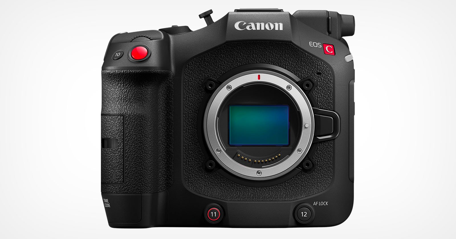 Front view of a Canon EOS C70 cinema camera with a large sensor opening in the center. The camera has several buttons, dials, and a textured grip on the left side with a prominent red record button. The Canon logo and camera model name are displayed at the top.