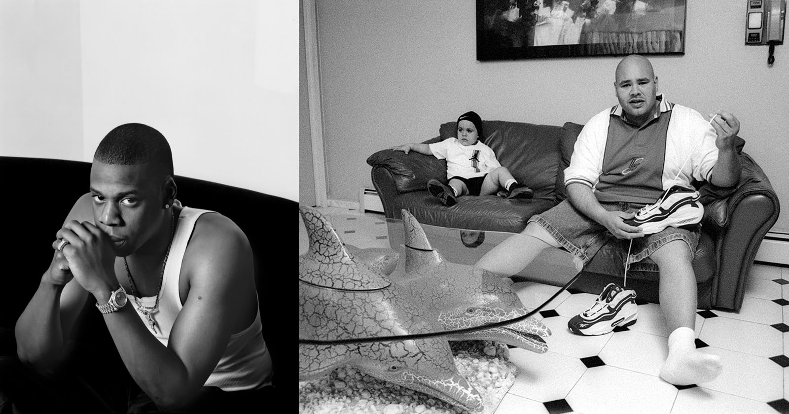 On the left, a man in a white tank top sits with his hands clasped, looking thoughtful. On the right, a man sits on a couch with a baby beside him. He is holding a sneaker. The room has a tiled floor and a glass table with a dolphin base.