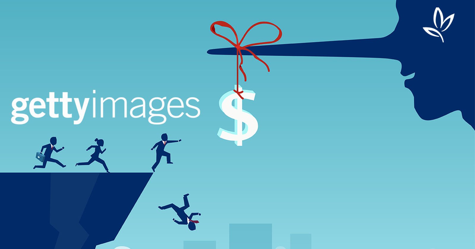 Illustration of people running off a cliff chasing a dollar symbol tied to a string hanging from Pinocchio's nose. The background is blue, and the Getty Images watermark is present on the left side.