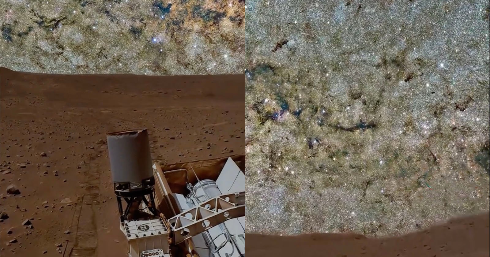 A spacecraft or rover on a rocky, reddish-brown surface under a star-filled sky with dense clusters of stars and cosmic dust, creating a striking contrast between ground and space.