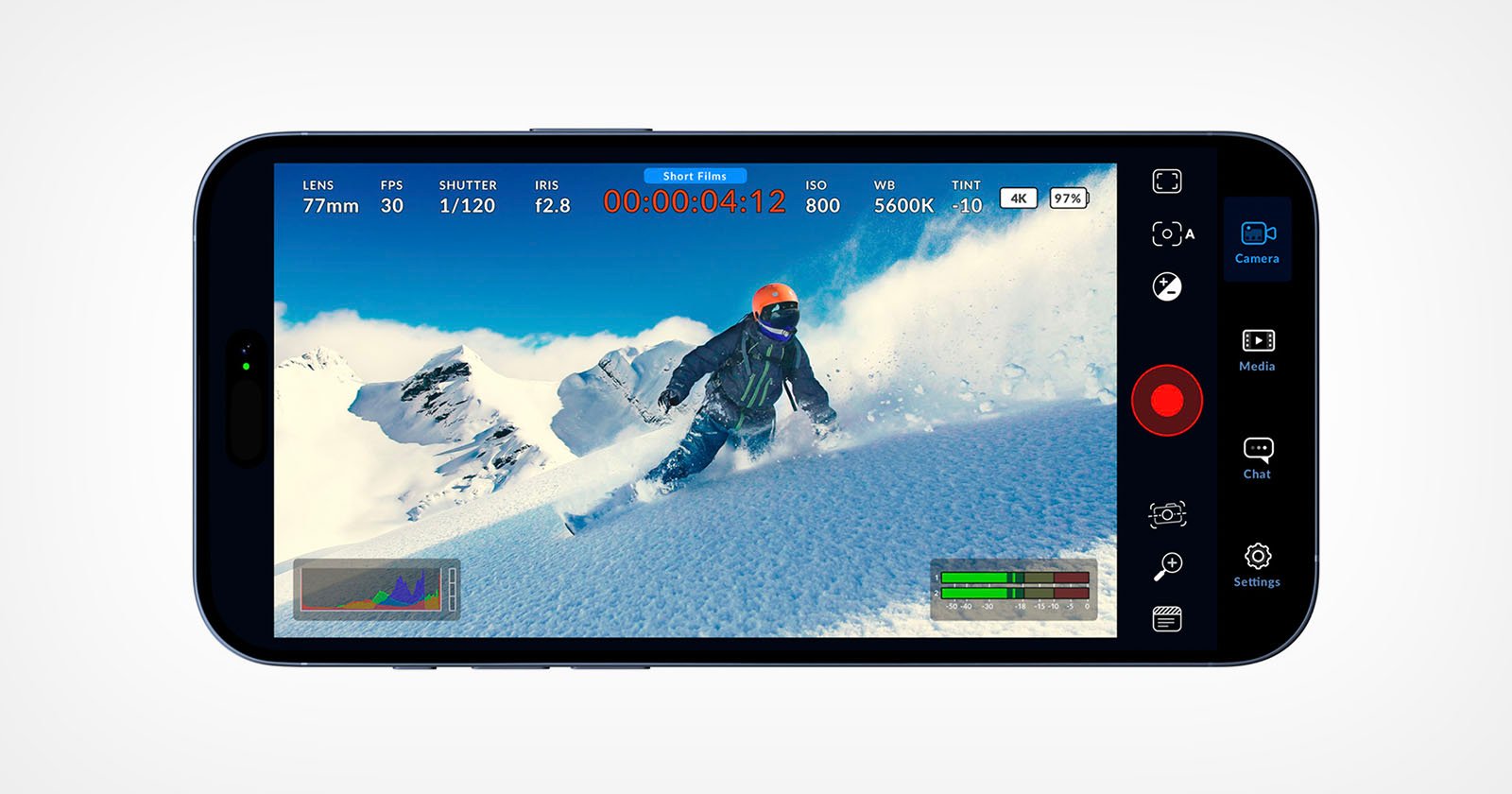 A smartphone screen displays a camera app interface capturing a skier in mid-action on a snowy mountain slope, with camera settings and recording details visible around the image.