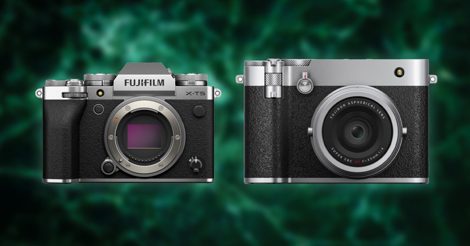 Two Fujifilm cameras are shown side by side on a green abstract background. The left camera displays its sensor without a lens, while the right camera is shown from the front with a lens attached.