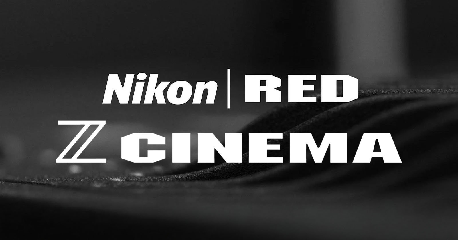 Black and white image showing the text Nikon | RED Z Cinema over a dark, textured background.