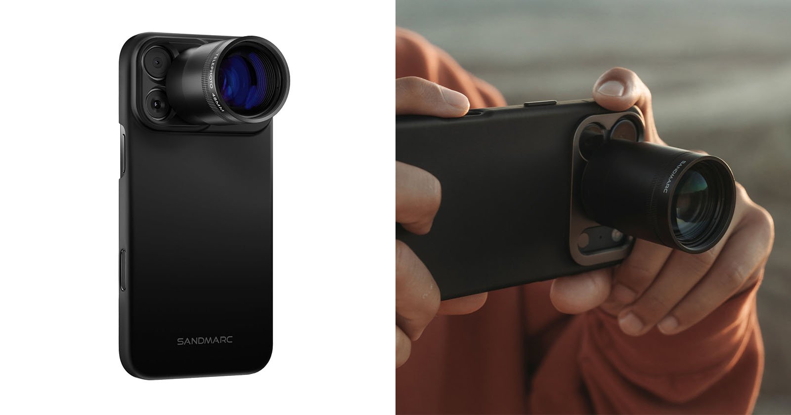 Side-by-side images showing a smartphone with a detachable camera lens attached: on the left, a close-up of the phone with lens on a white background; on the right, a person holding and using the phone outdoors.