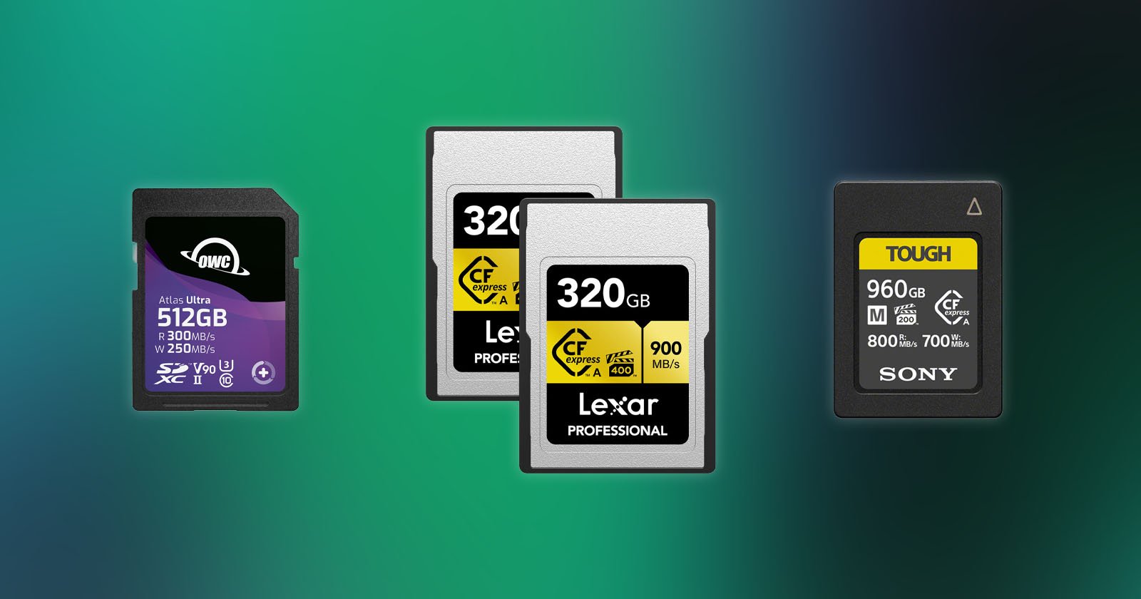 A selection of four memory cards from different brands, including an OWC 512GB SD card, two Lexar CFexpress 320GB cards, and a Sony 960GB CFexpress card, displayed against a green and blue gradient background.