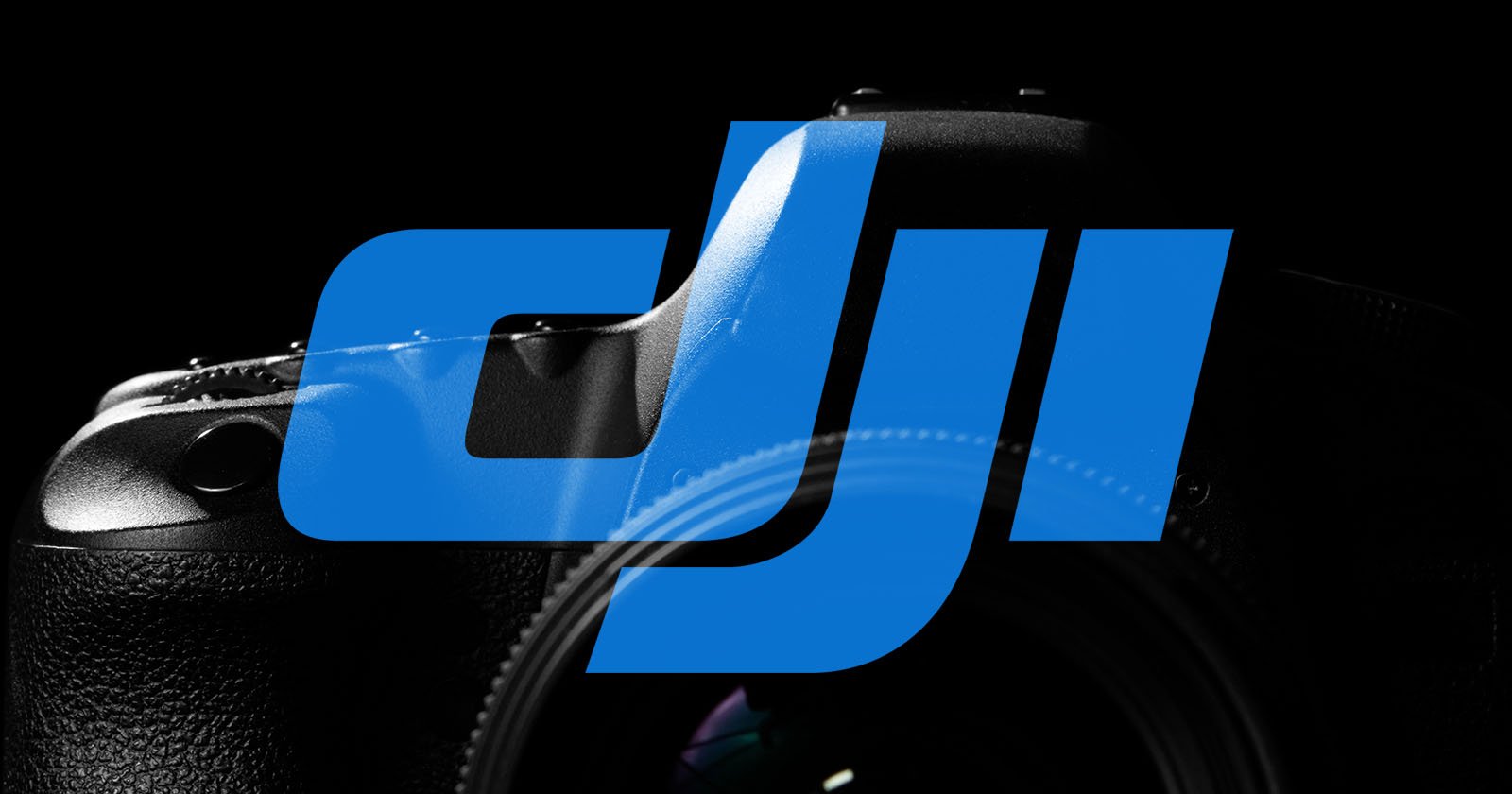 A large, blue DJI logo is overlaid on a dark, shadowed camera body, creating a contrast between the bright logo and the black background.