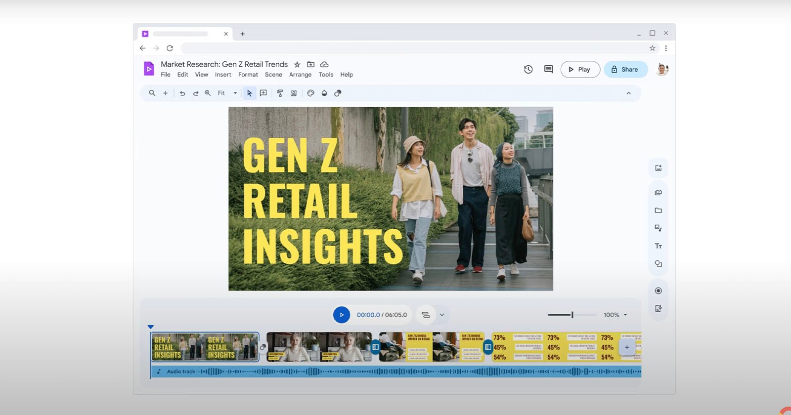A video editing software interface showing a video titled Gen Z Retail Insights. The screen displays three young adults walking, with editing tools and a timeline visible below the video preview.