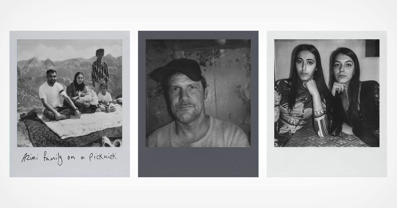 A tryptich photograph: on the left, a family having a picnic in the mountains; in the center, a man in a cap posing for a portrait; on the right, two women seated at a table, looking at the camera. The caption under the left image reads Men family on a picknick.