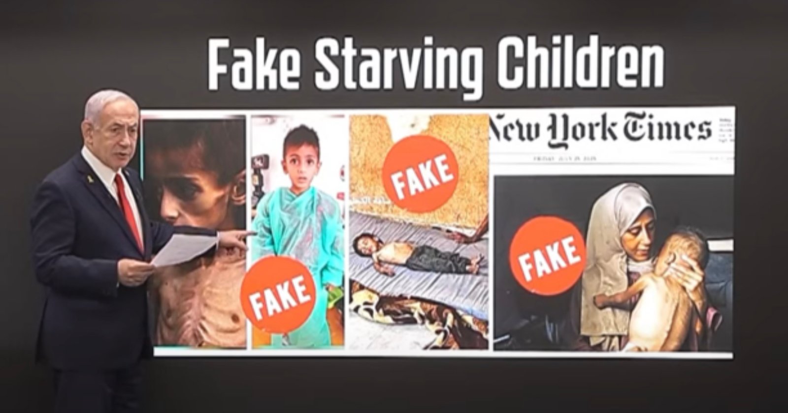 A man in a suit points to a screen displaying the headline Fake Starving Children above photos of children and a woman with a child, overlaid with large red FAKE stamps and a partial New York Times logo.