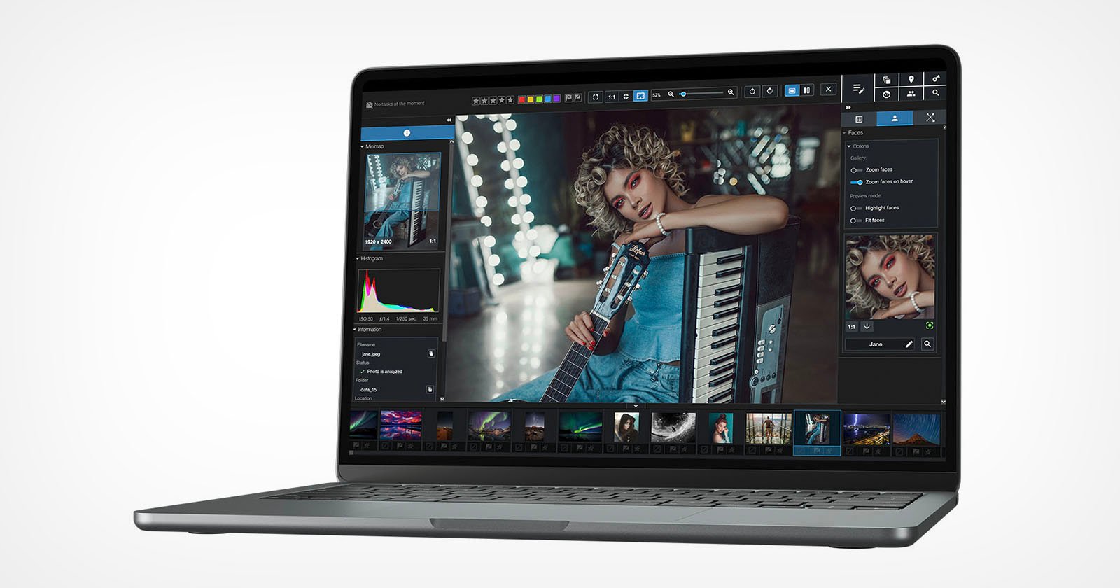 A laptop displaying photo editing software is shown. The screen features an image of a person with a keyboard instrument. Various editing tools and color adjustments are visible on the interface.