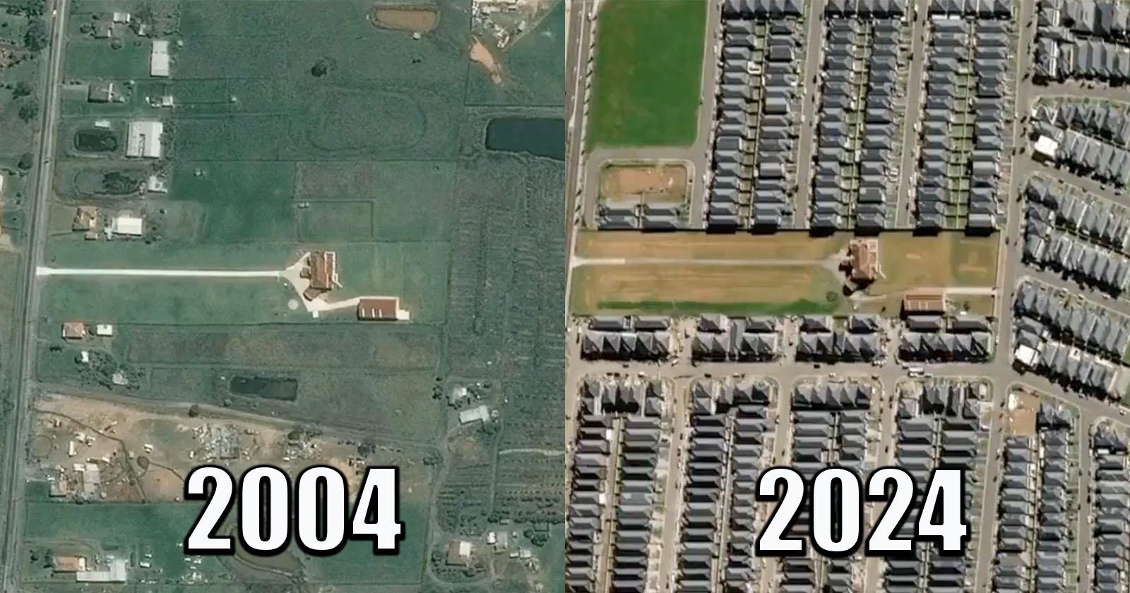 Aerial comparison showing significant development over two decades. On the left, the 2004 image depicts a mostly undeveloped area with sparse buildings. On the right, the 2024 image shows dense residential housing covering the landscape.