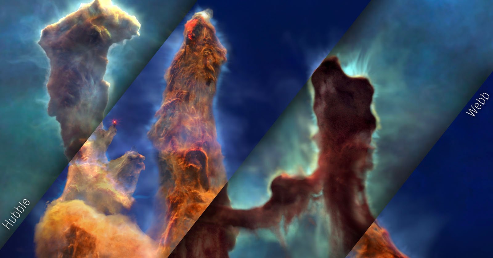 A split-image comparison of the Pillars of Creation in the Eagle Nebula captures views from the Hubble Space Telescope on the left and the James Webb Space Telescope on the right. The nebula features towering columns of gas and dust against a blue backdrop.