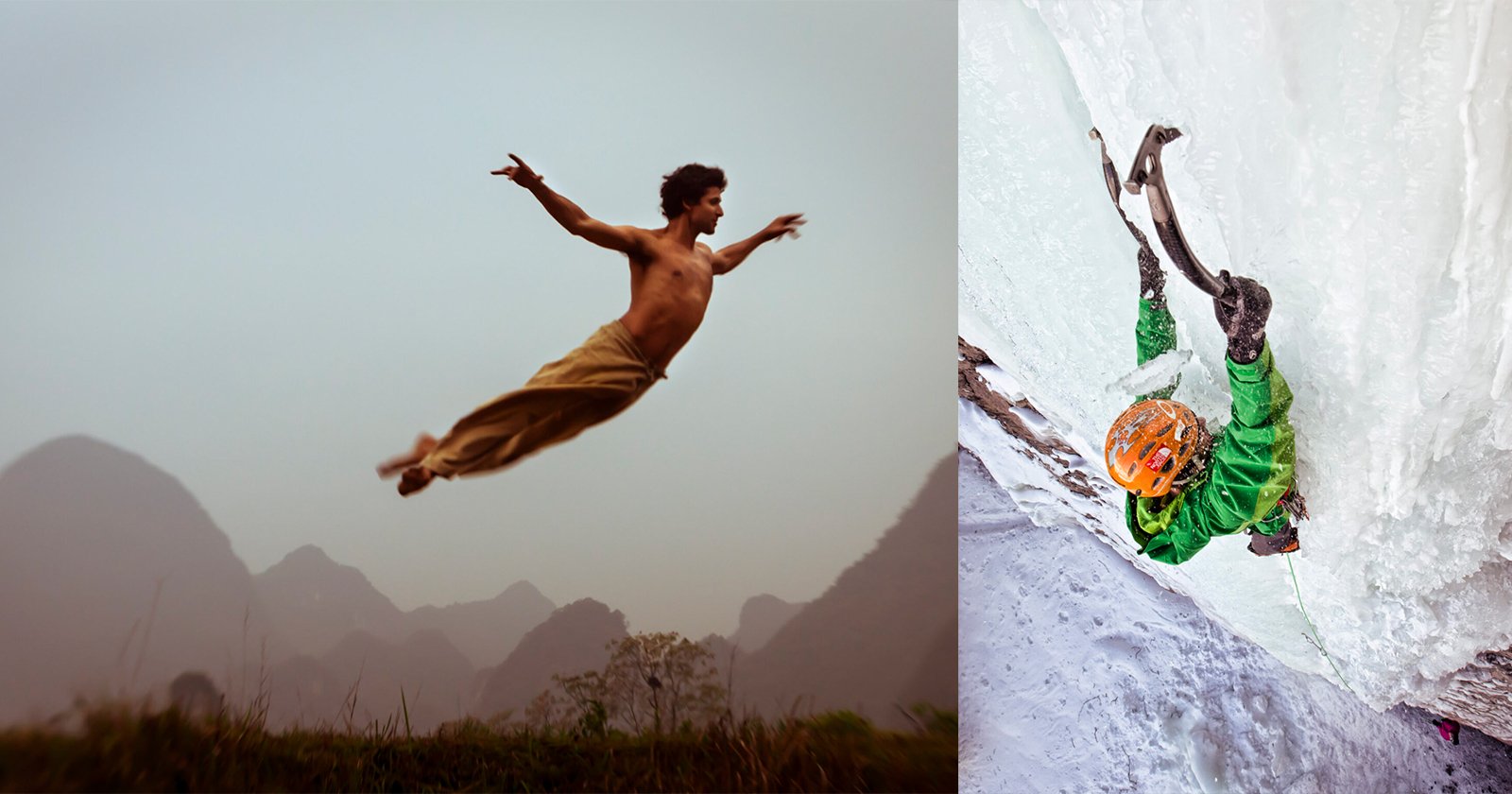 Split image: On the left, a shirtless man in loose pants leaps high in the air against misty mountains. On the right, an ice climber in green scales a frozen wall with ice axes, wearing a helmet and harness.