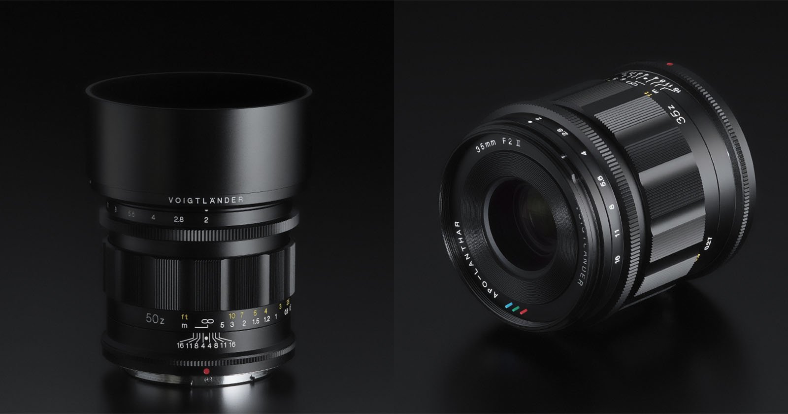 The image shows two camera lenses in a side-by-side comparison. The left lens is standing upright with markings and Voigtlander branding visible. The right lens is tilted on its side, displaying detailed specifications and a 35mm F2.1 label. Both are set against a dark background.