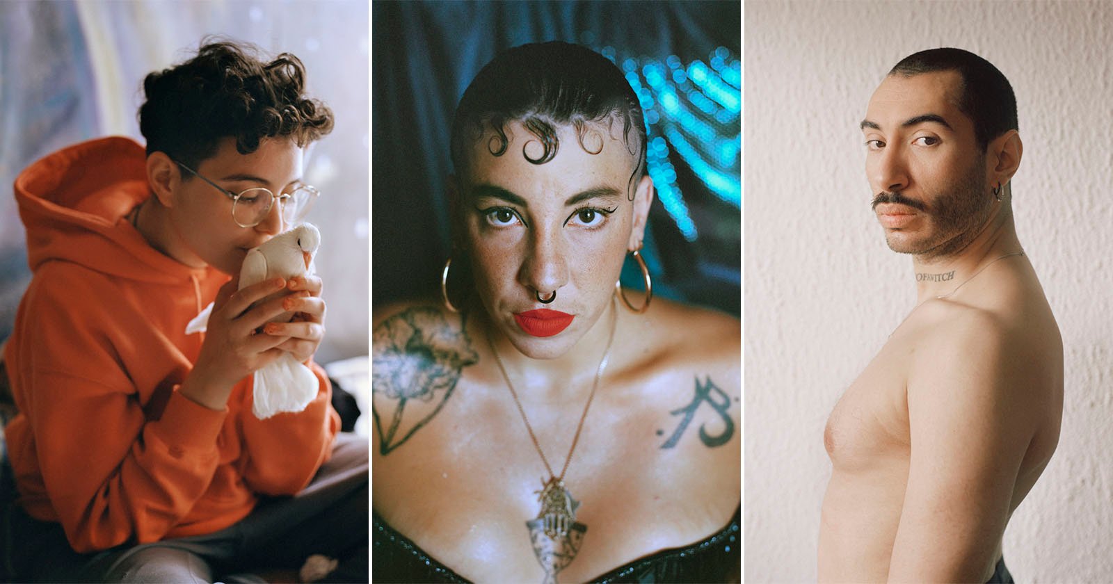 Three portraits of individuals. The first person wears glasses and an orange hoodie, holding a plush toy close to their face. The second person has short hair, bold makeup, hoop earrings, and visible tattoos, wearing a shiny garment. The third person is shirtless, with a mustache and a tattoo on the neck.