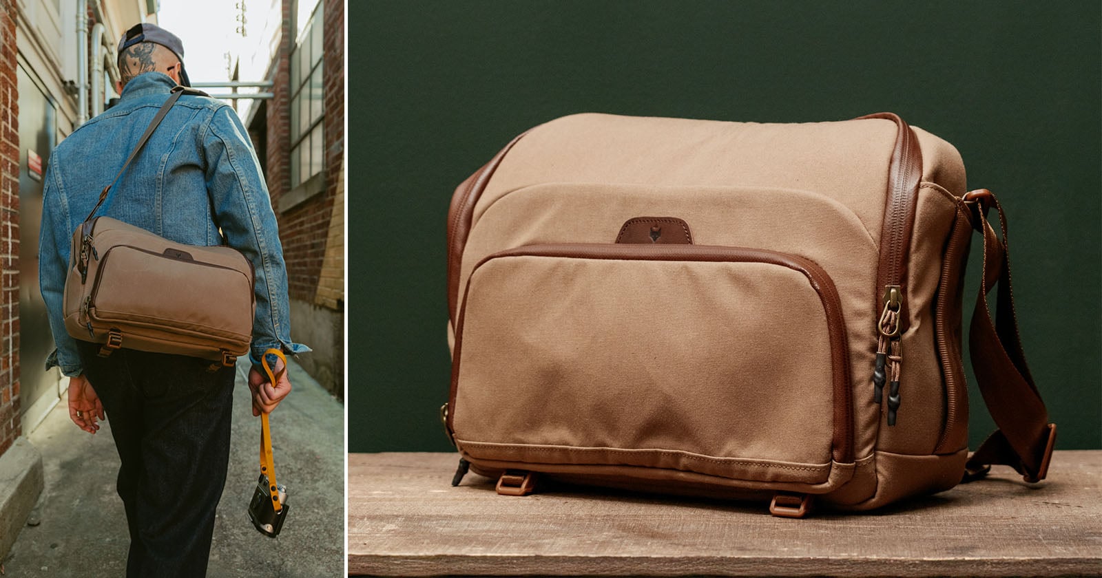 A person wearing a denim jacket walks down an alley with a tan and brown messenger bag; next to this, a close-up of the same bag sits on a wooden surface against a dark green background.