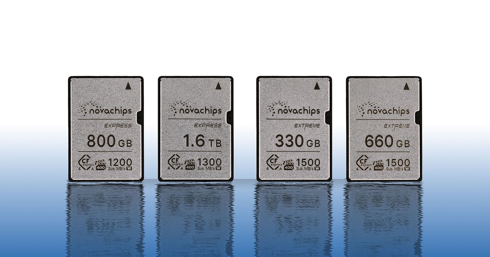 Four Novachips Express memory cards labeled Extreme are displayed in a row. Capacities are 800 GB, 1.6 TB, 330 GB, and 660 GB. Each card has specifications: CFexpress, 1200 MB/s write speed, and 1500 MB/s read speed. Background is reflective blue.