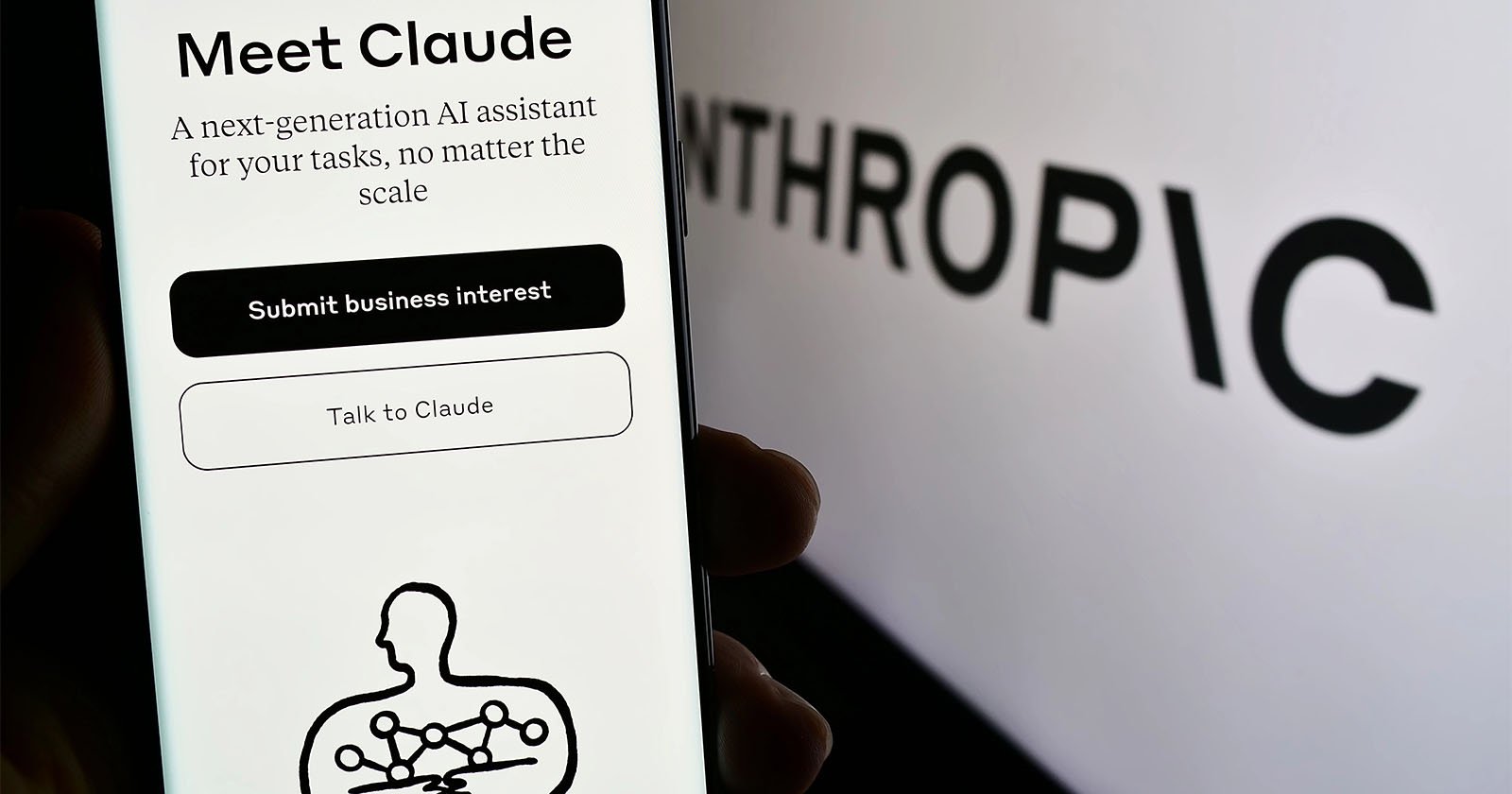 A smartphone screen displays the introduction to Claude, an AI assistant by Anthropic, with options to submit business interest or talk to Claude. The word Anthropic is blurred in the background.