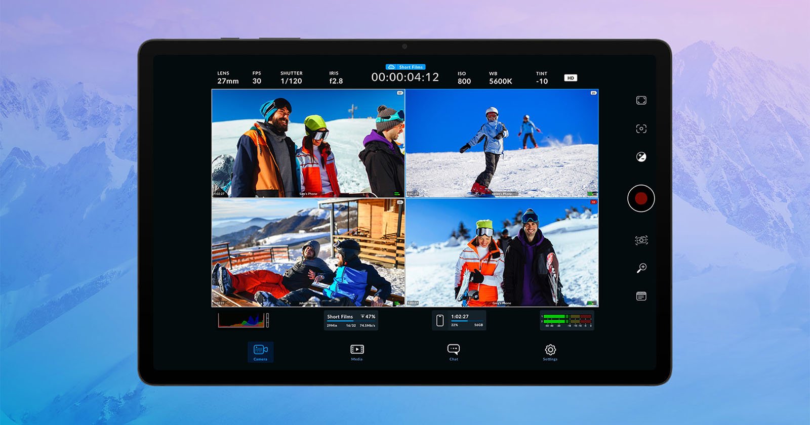 A tablet screen displays a video editing app with four clips of people skiing and snowboarding. The interface shows various controls and a recording timer. The background is a subtle image of snowy mountains.