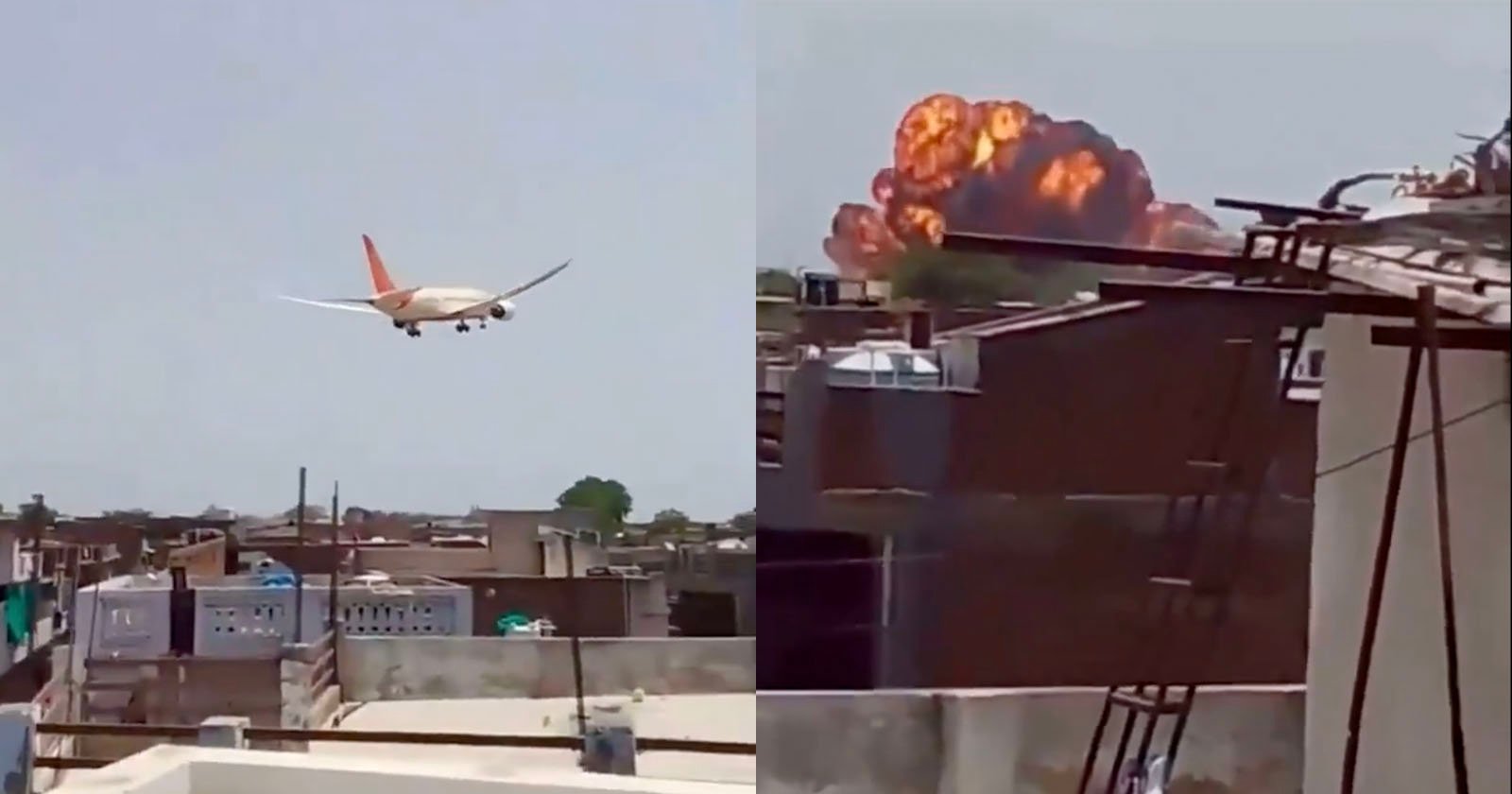 A split image shows a passenger airplane flying low over rooftops on the left, and an explosion with flames and smoke rising behind buildings on the right.
