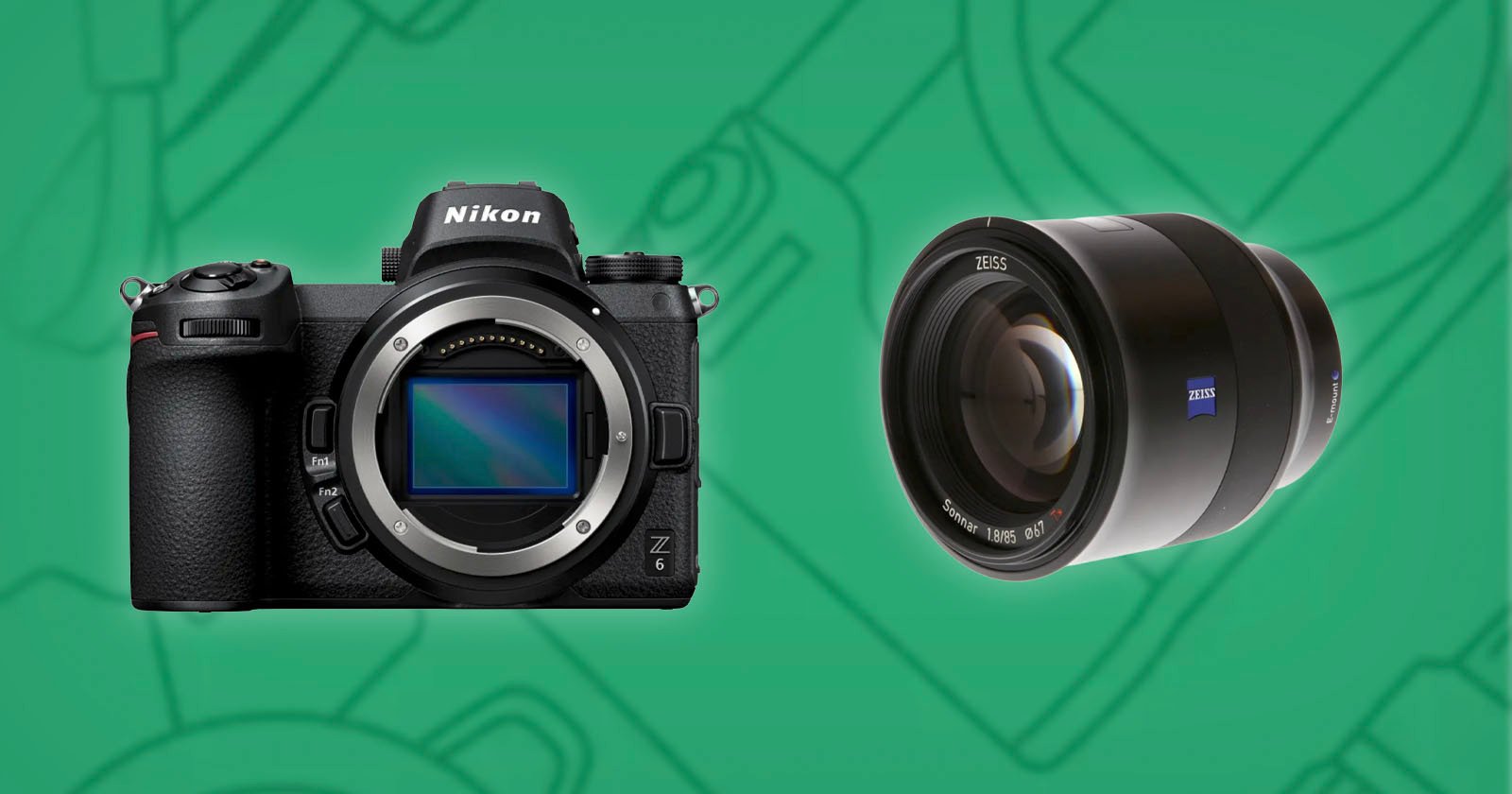 A Nikon Z6 mirrorless camera body is shown on the left, and a Zeiss camera lens is displayed on the right, both against a green background with faint line art.