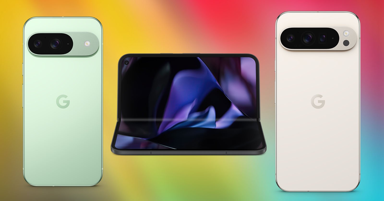 Image of three smartphones against a colorful gradient background. On the left is a light green phone, in the center is a foldable phone with a partially folded screen showing abstract visuals, and on the right is a beige phone. All phones feature the Google G logo.