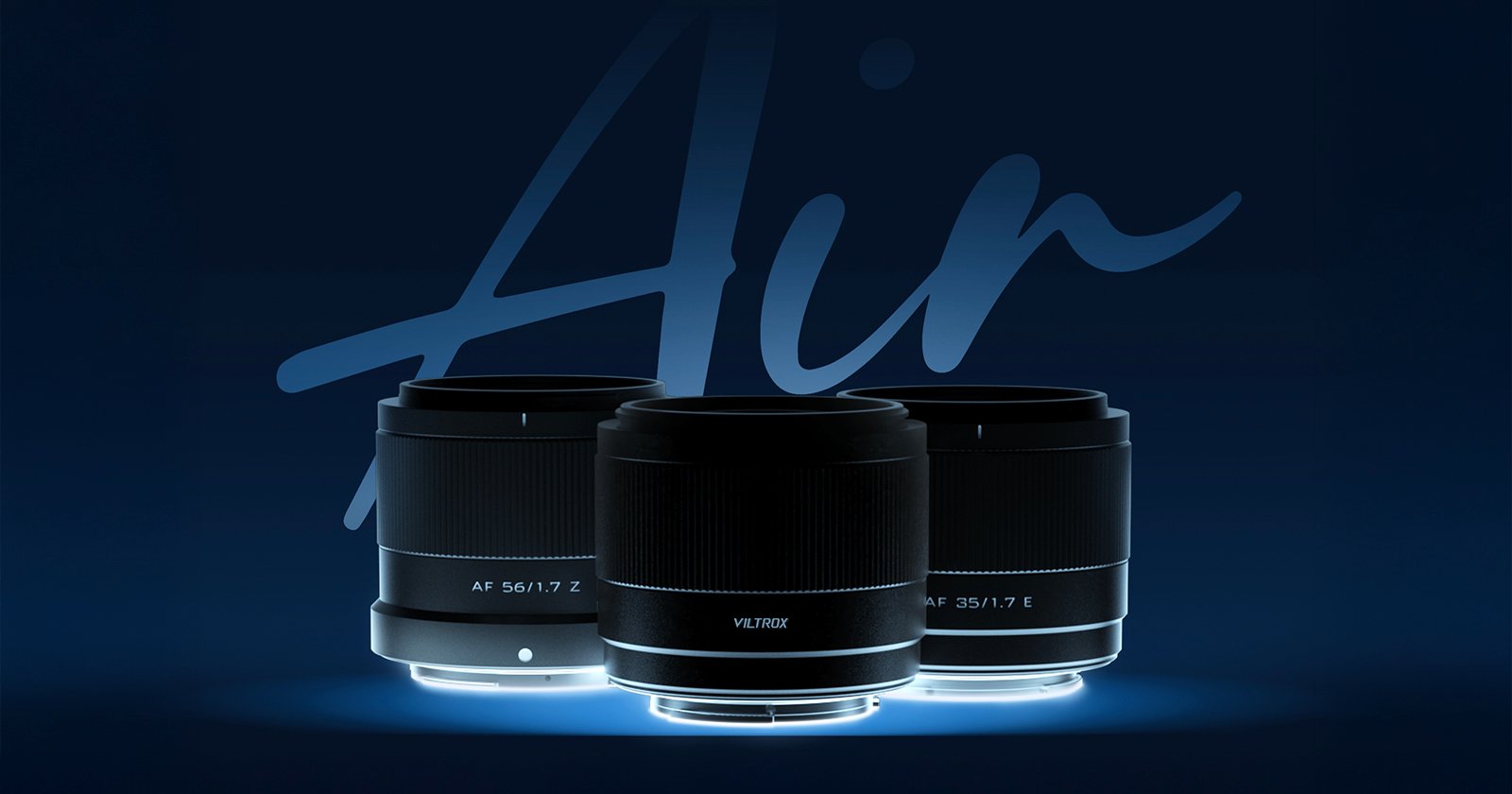 Three camera lenses are displayed against a dark blue background with the word Air partially visible behind them. The lenses are black with silver accents and are labeled 56/1.7, 23/1.4, and 35/1.7, with Viltrox written on the middle lens.