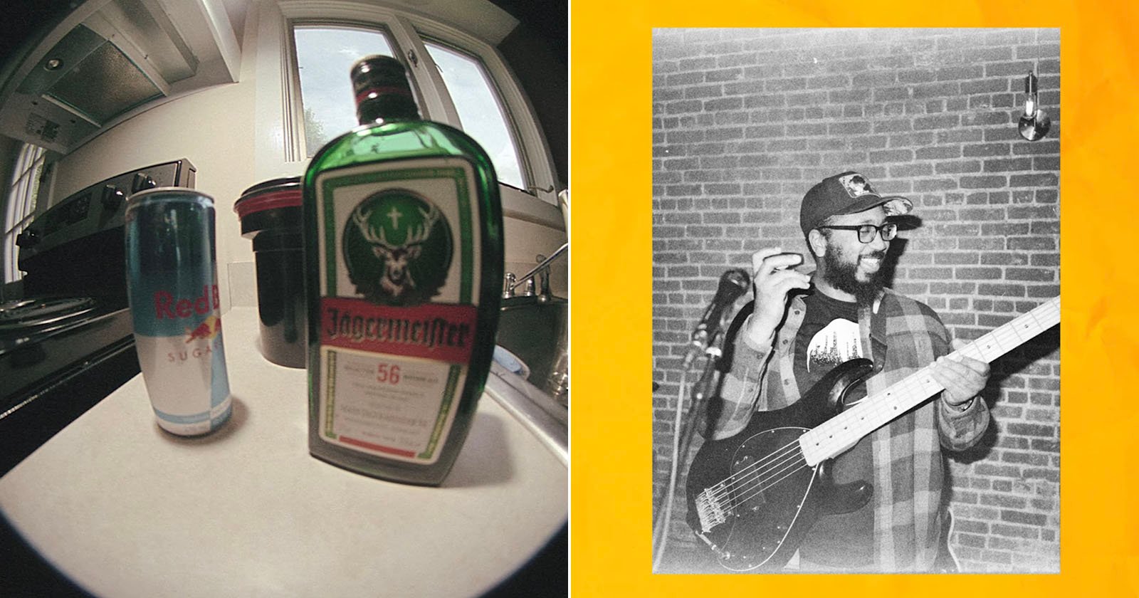 On the left, a fisheye photo shows a can of Red Bull and a bottle of Jägermeister on a kitchen counter. On the right, a black and white photo of a man holding a bass guitar and a microphone, standing in front of a brick wall.