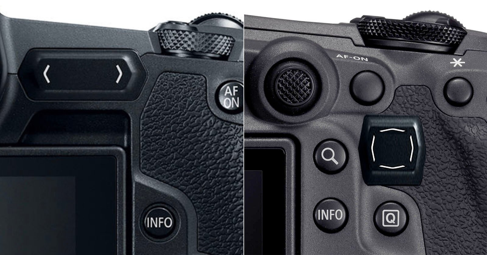 Close-up comparison of the rear controls on two different camera bodies, showing various buttons, textured grips, and dials, including INFO and navigation buttons.