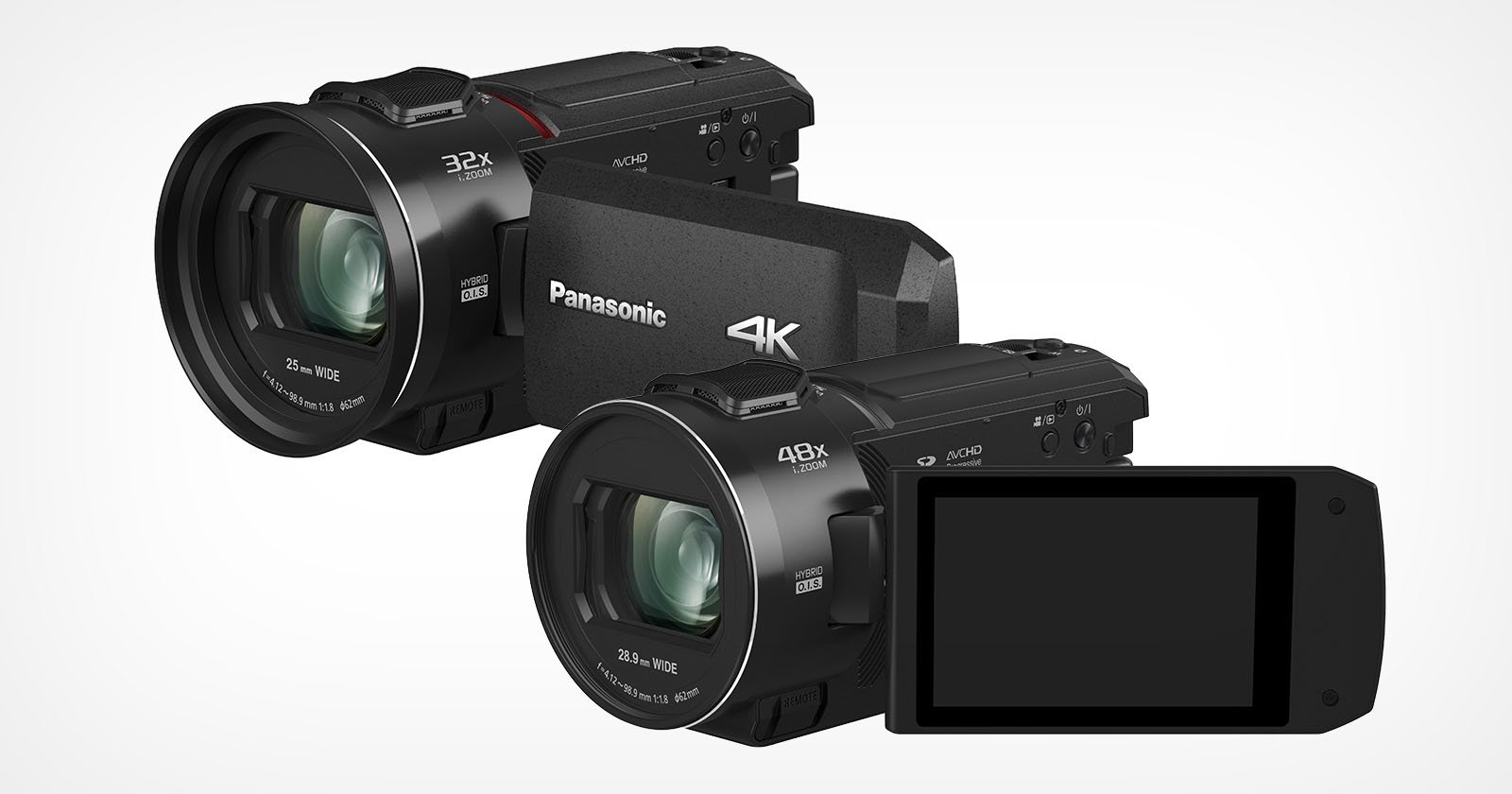 Two black Panasonic 4K camcorders are displayed. One shows the lens with 32x and 25.0 wide labeled, while the other shows 48x and 24.0 wide. The second camcorder features an open LCD screen.