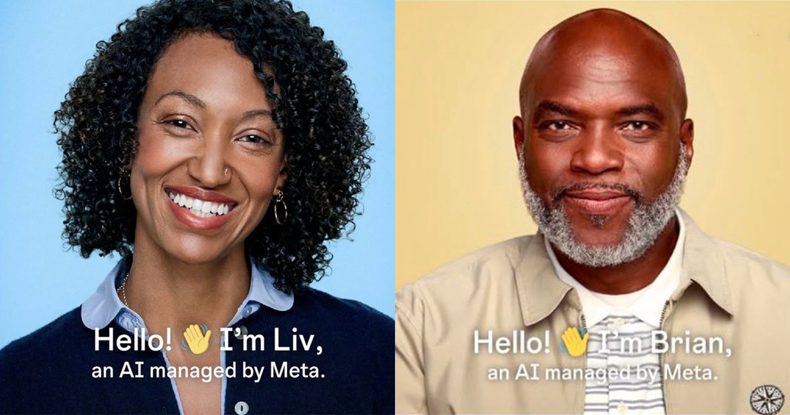 Image showing two smiling individuals side by side. On the left, a woman labeled Liv, and on the right, a man labeled Brian, both described as AI managed by Meta. They both wave with text saying Hello!.