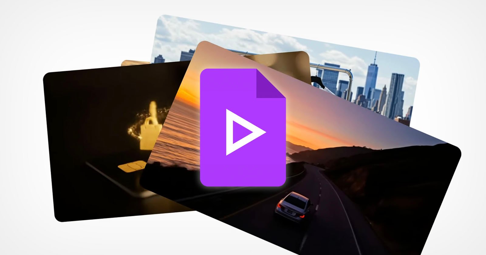 A stack of photos with a prominent purple play button icon in the center. Behind the icon are images of a city skyline, a glowing SIM card, and a car driving along a scenic coastal road at sunset.
