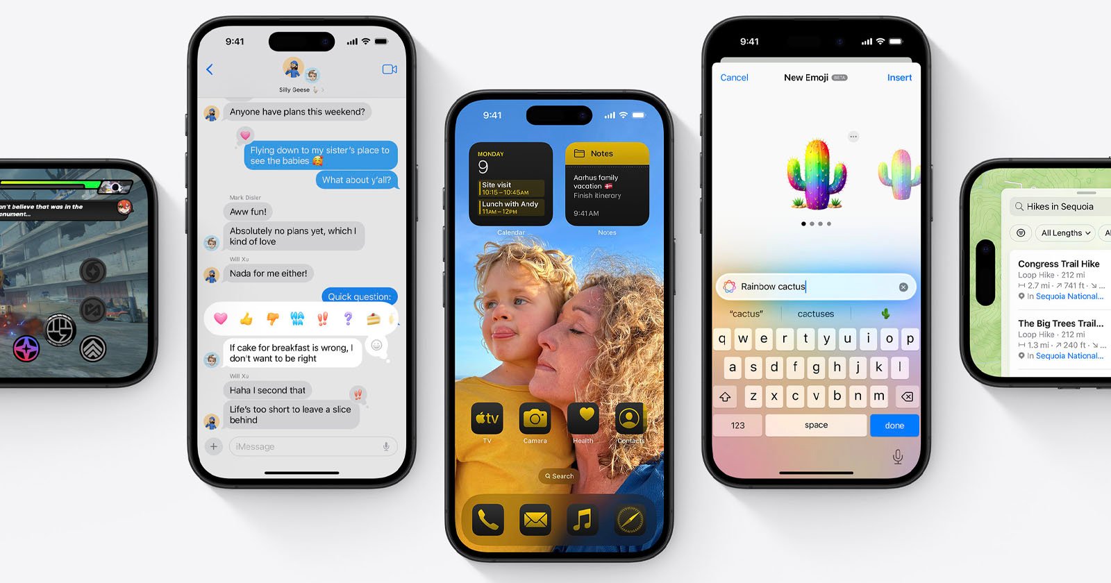 A promotional image displays four smartphones side-by-side. Each screen shows different app interfaces: gaming, messaging, home screen widgets with a photo of an adult and child, and composing an emoji message featuring a rainbow cactus.