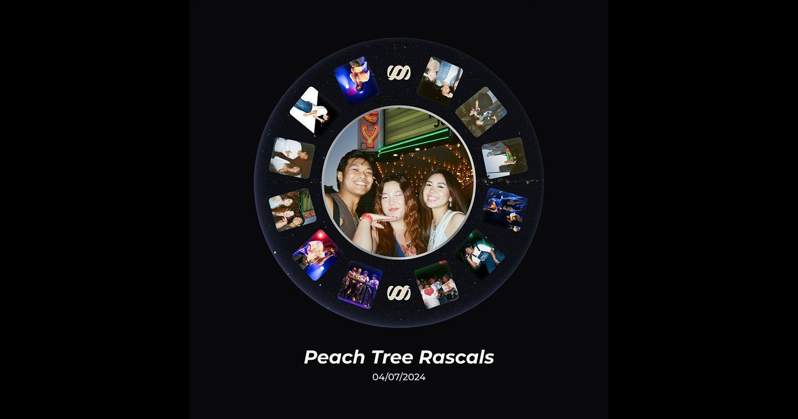 A circular montage featuring various candid photos of people smiling and having fun, centered around a picture of three individuals posing together. The text at the bottom reads, Peach Tree Rascals 04/01/2024.