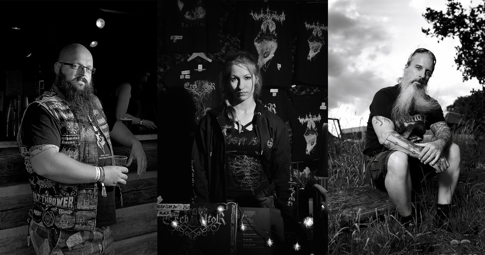 Black and white photo of three individuals. Left: a bearded person with glasses holding a drink, standing inside a venue. Center: a person with long hair behind a merchandise booth with band shirts. Right: a tattooed person with a long beard sitting on a wooden bench outdoors.
