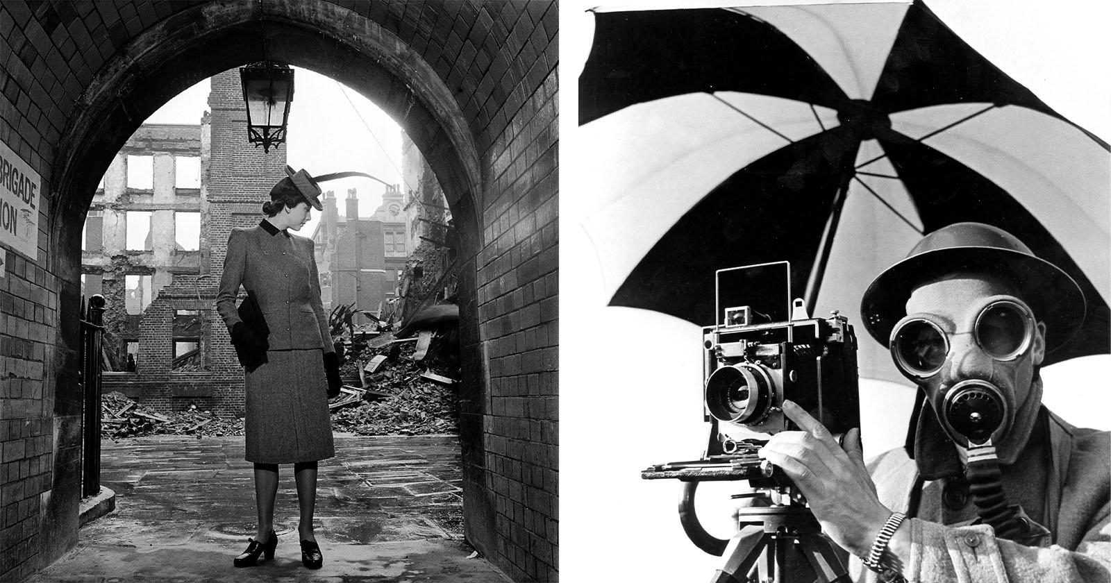 Left: A woman in a suit and hat stands in an arched passage, looking at bombed-out buildings. Right: A photographer wearing a gas mask holds a camera under a large umbrella.