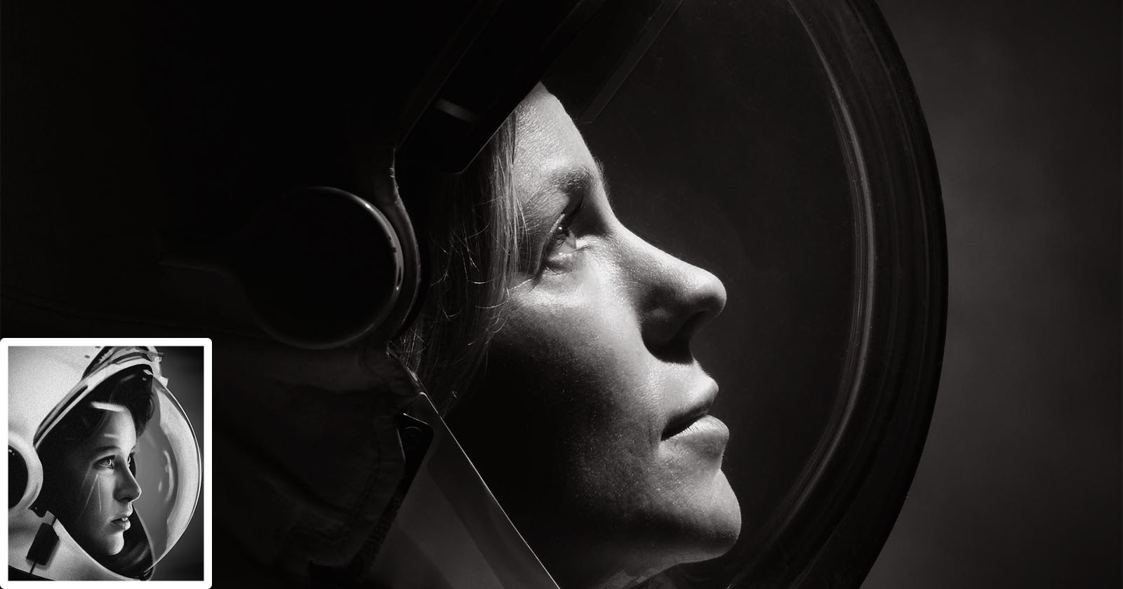 A woman wearing a space helmet, viewed in profile. Her expression appears calm and focused. The helmet's reflective visor is mostly opaque, emphasizing the contours of her face. The scene is in black and white, creating a dramatic effect.