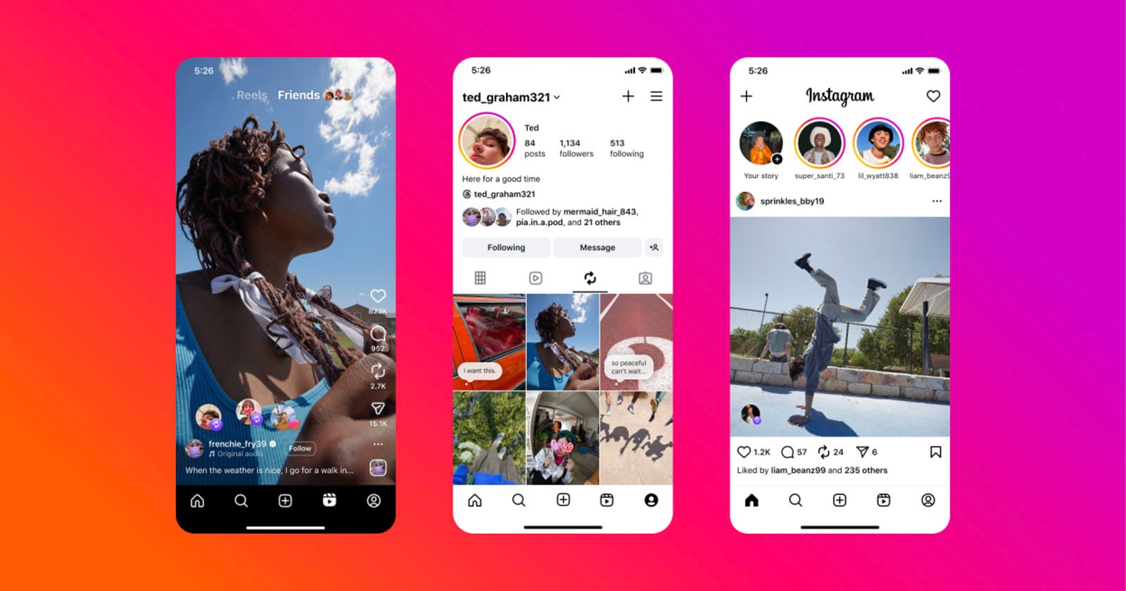 Three smartphone screens display different Instagram app pages: a reel showing a person looking up, a profile page with photos, and a feed with a person doing a handstand, all on a pink-to-orange gradient background.