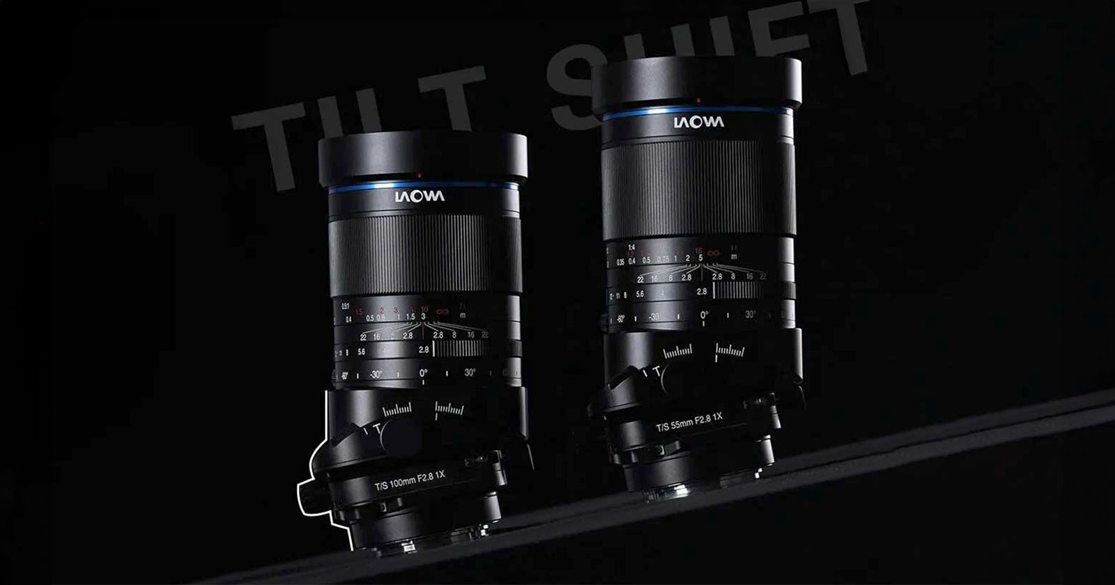 Two black Laowa camera lenses are displayed against a dark background with the text TILT SHIFT partially visible. The lenses have a sleek design with numeric markings, showcasing their technical features.