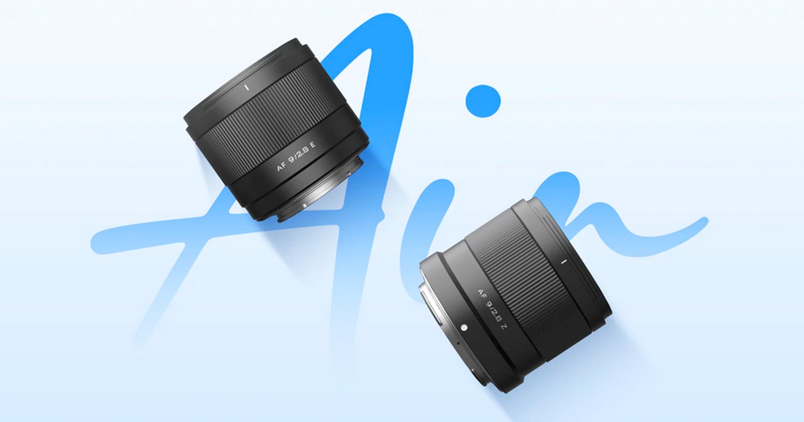 Two black camera lenses are positioned diagonally on a light blue background with the word Air written in large, cursive blue letters behind them.
